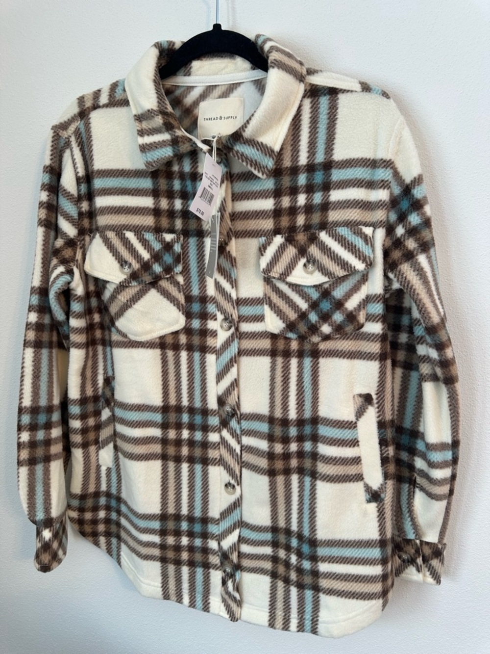 THREAD & SUPPLY Cream Plaid Button-Down Shacket w/ Brown & Light Blue Size S NWT